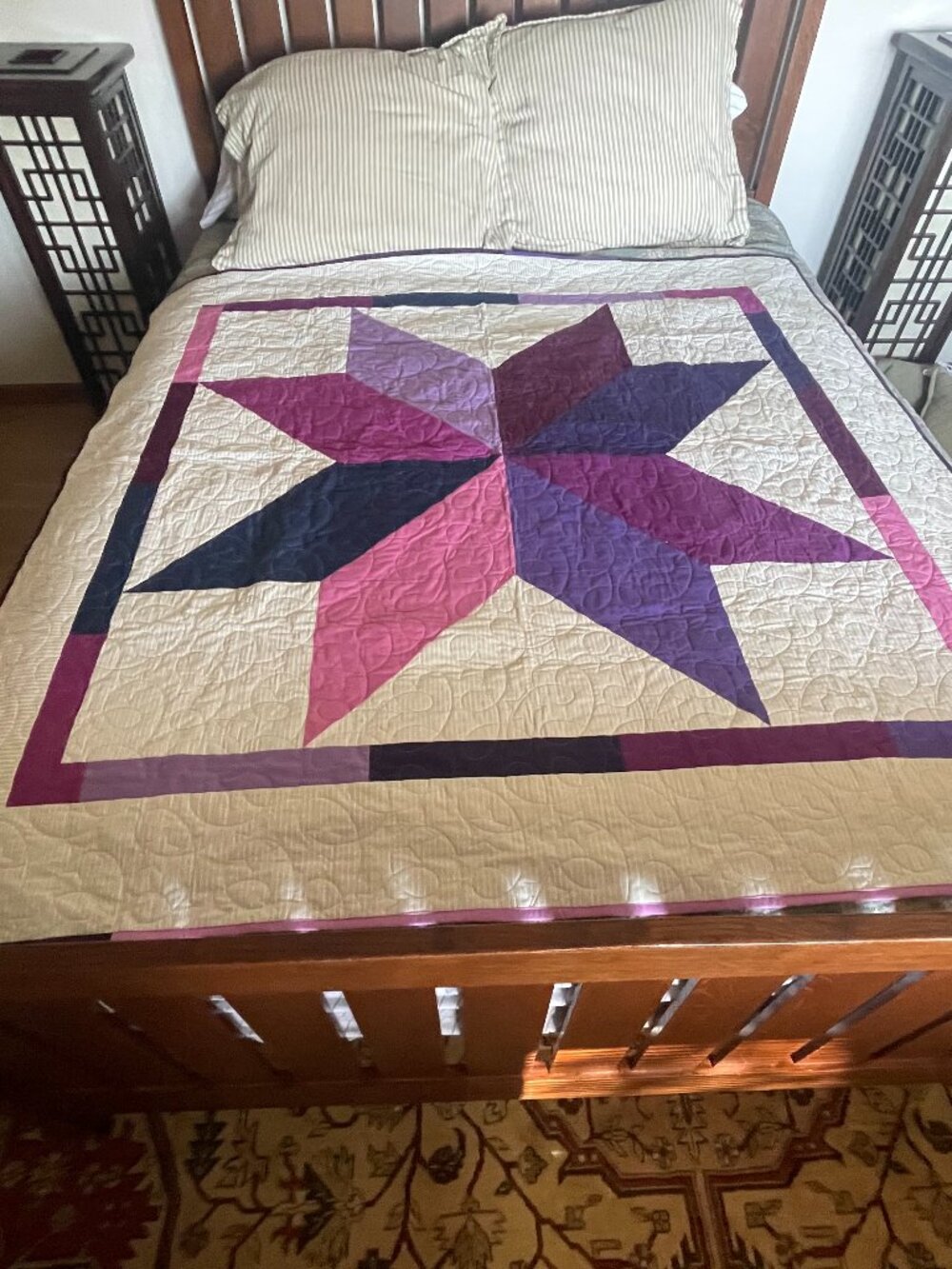 Vintage Arizona Chandler Handmade Purple Beige 8 Pointed Star Quilt